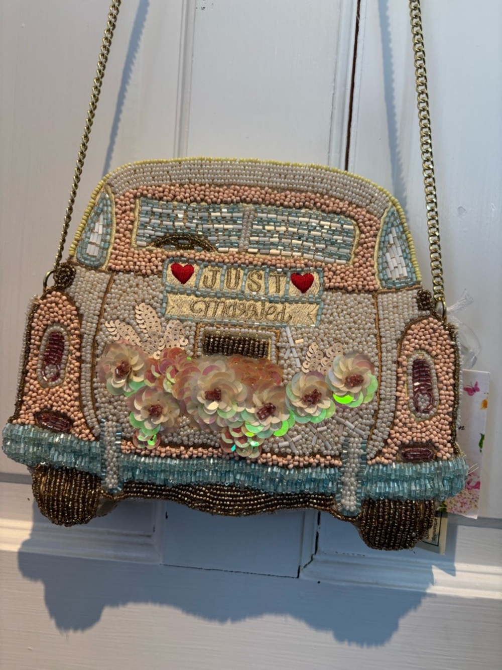 Handcrafted in India Just Married bead bag NWT